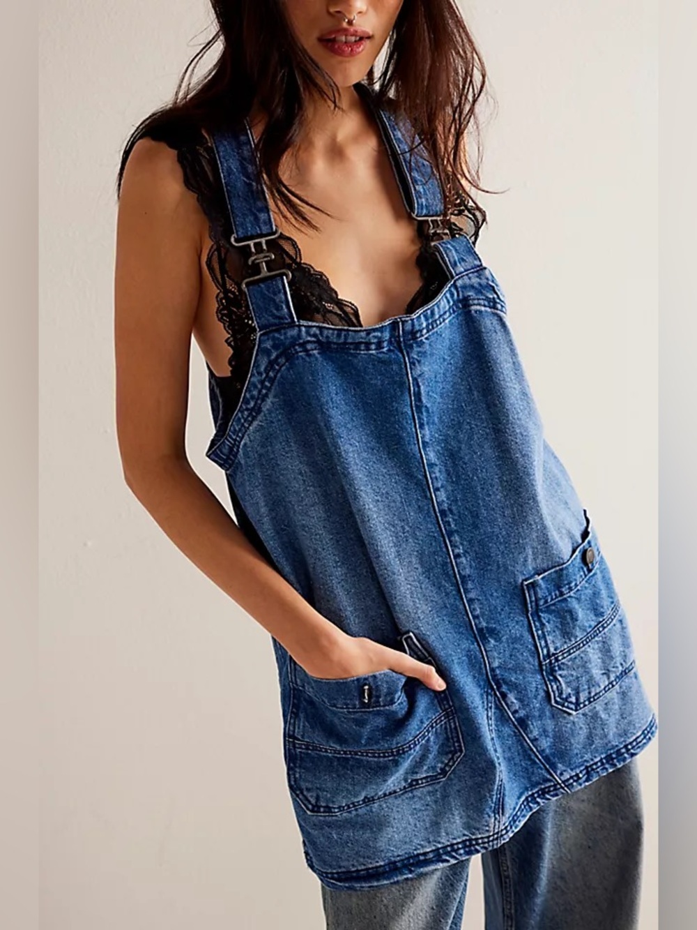 Women's Free People Overall Smock Square Neck Shift Dress Small